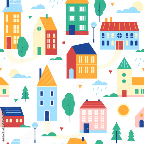 Houses seamless pattern vector illustration. Cartoon flat cute urban suburban traditional cityscape with colorful buildings, retro traditional townhouses, small cottages