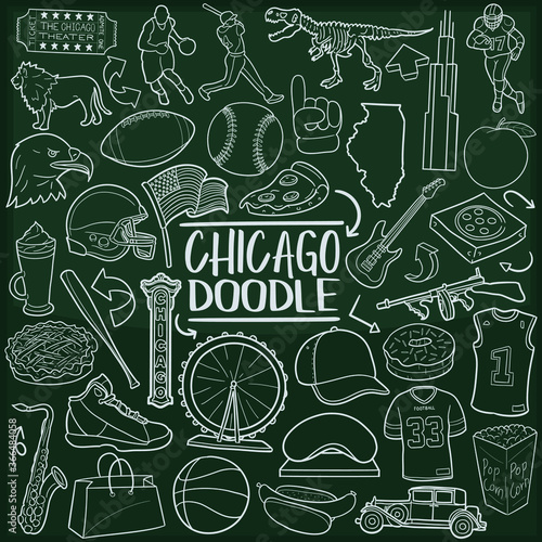 Chicago Illinois Chalkboard Doodle Icons. Sketch Hand Made Design Vector Art.