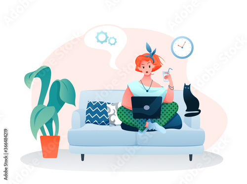 Freelance home work flat vector illustration. Cartoon young woman freelancer character working online with laptop, sitting on sofa in cozy home room apartment interior isolated on white