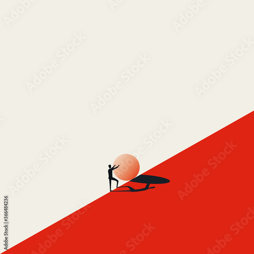Business challenge vector concept with sisyphus pushing stone uphill. Symbol of struggle, strong effort, opportunity.