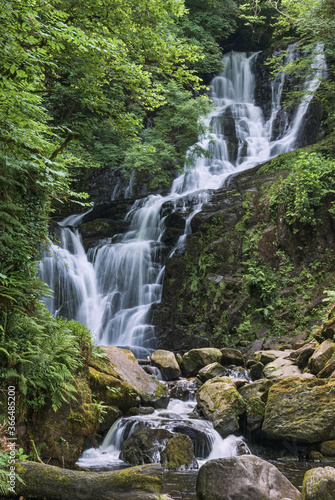 Torc waterfall  Killarney  Co Kerry  cascades down the mountain side over moss covered rocks amid the trees and bushes of Ireland s native woodland. A long exposure emphasises the flow of the water.