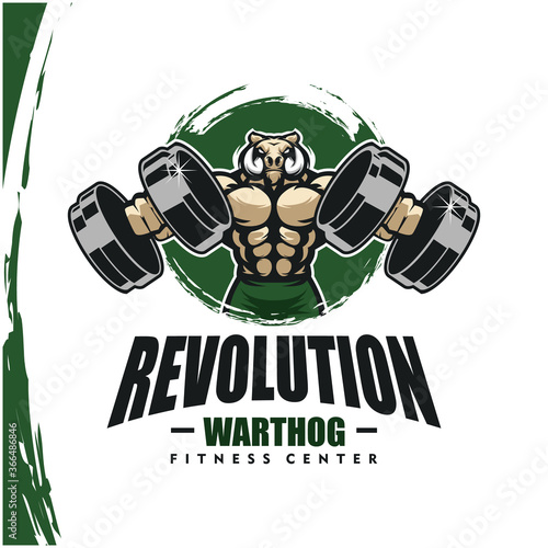 Warthog with strong body, fitness club or gym logo. Design element for company logo, label, emblem, apparel or other merchandise. Scalable and editable Vector illustration