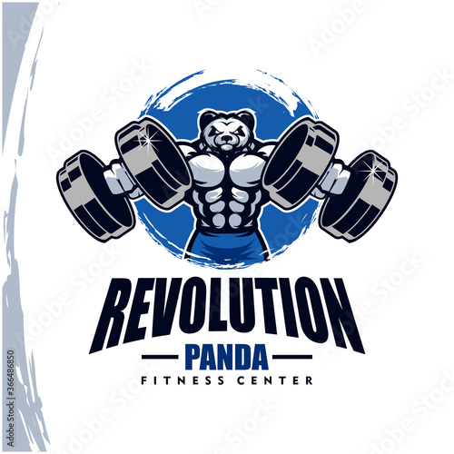 Panda with strong body, fitness club or gym logo. Design element for company logo, label, emblem, apparel or other merchandise. Scalable and editable Vector illustration.