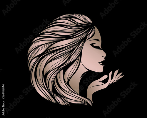 Woman with long, wavy hair, elegant makeup and manicure.Beauty salon and Hairstyle studio illustration.Beautiful young female logo.Cosmetics and spa icon.Profile view portrait.Cute lady face.