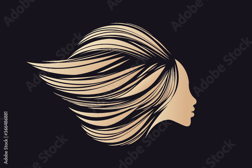 Woman with long, wavy hair flowing.Beauty salon and Hairstyle studio illustration.Beautiful young female logo.Cosmetics and spa icon.Profile view portrait silhouette.Blonde girl face.