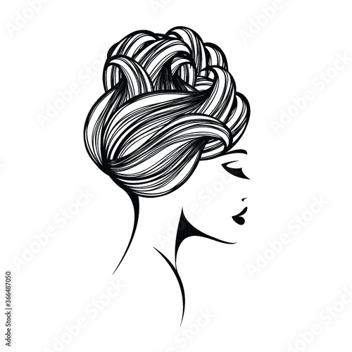 Woman with wavy hair bun and elegant makeup.Beauty salon and Hairstyle studio illustration.Beautiful young female logo.Cosmetics and spa icon.Profile view portrait.Cute lady face.