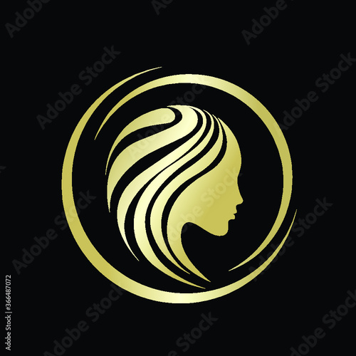 Woman with long, wavy hair.Beauty salon and Hairstyle studio logo.Beautiful young female.Cosmetics and spa icon.Profile view portrait silhouette.Blonde girl face.Circular emblem frame.Golden color.
