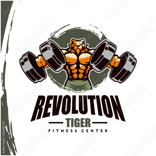Tiger with strong body, fitness club or gym logo. Design element for company logo, label, emblem, apparel or other merchandise. Scalable and editable Vector illustration.