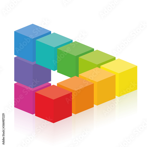 Optical illusion, impossible figure with colorful cubes. Isolated vector on white background. 