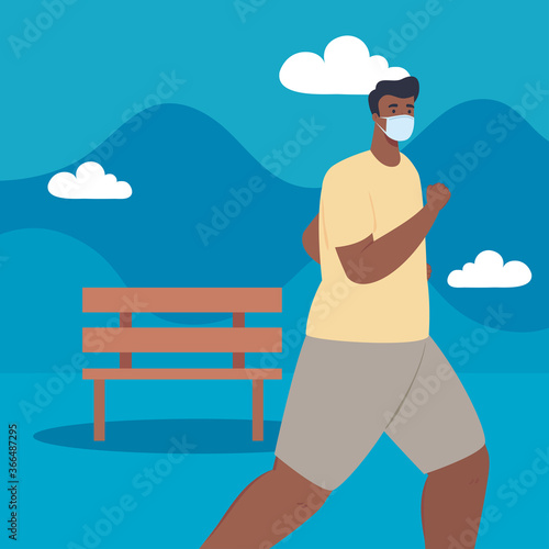 man afro running wearing medical mask outdoor  prevention coronavirus covid 19