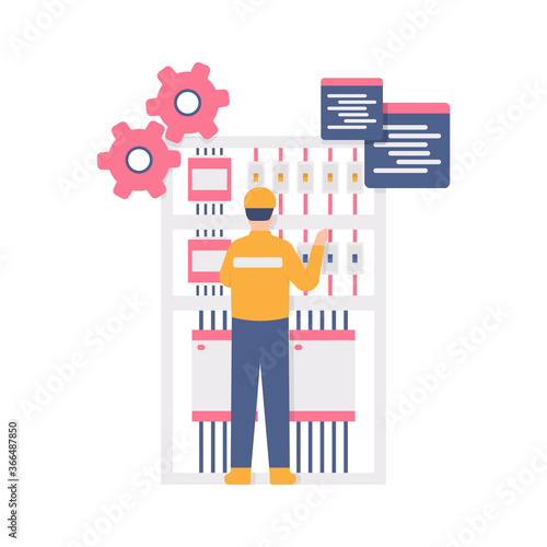 illustration of a worker standing in front of an electric circuit or a machine. the concept of a PLC programmer, electrician, factory worker. flat design. can be used for elements, landing pages, UI