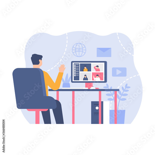 the concept of video conferencing, long distance calling, virtual meetings. a man makes a video call with his friend using a computer. flat design. can be used for elements, landing pages, UI, website