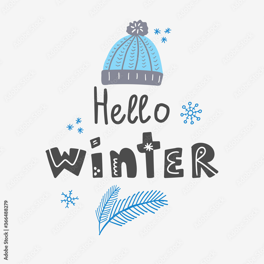 Hello winter postcard. Hat with snowflake and scandinavian design, headphones and christmas branch doodle vector set