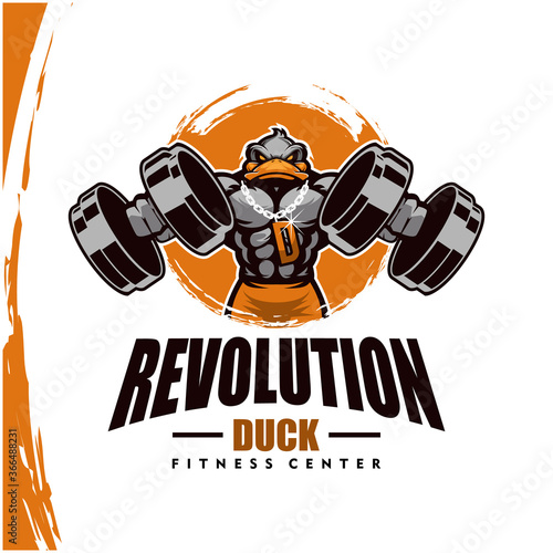 Duck with strong body, fitness club or gym logo. Design element for company logo, label, emblem, apparel or other merchandise. Scalable and editable Vector illustration