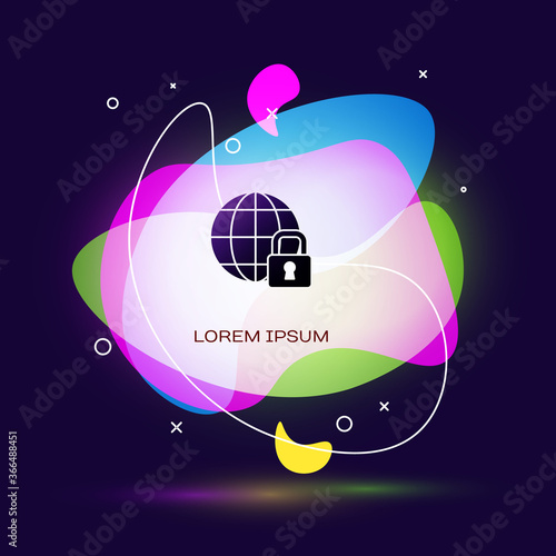 Black Global lockdown - locked globe icon isolated on blue background. Abstract banner with liquid shapes. Vector.