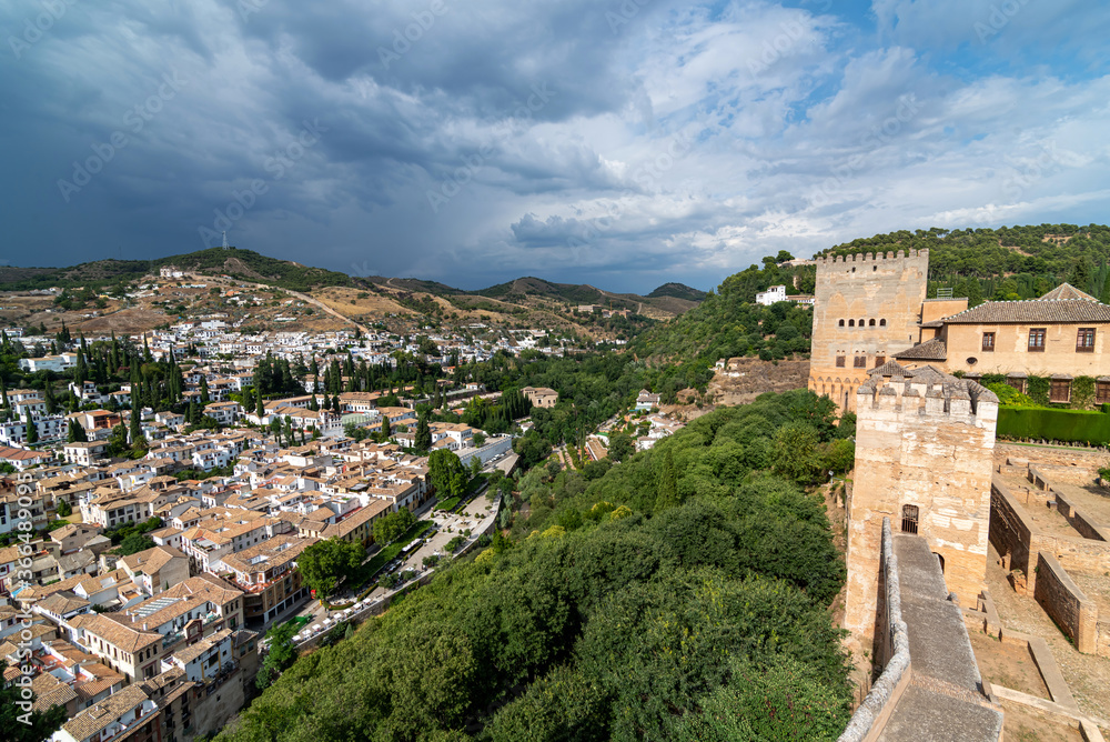 Panoramic view of the Albaicin neighborhood and The Alhambra in Granada, Spain
