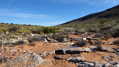 Karoo Semi Desert Landscape with Sand, Rocks and Green Hills