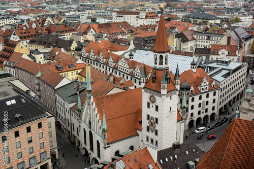 Aerial view to historical center with Old Town Hall and Heiliggeistkirche in Munich, Bavaria, Germany. October 2014