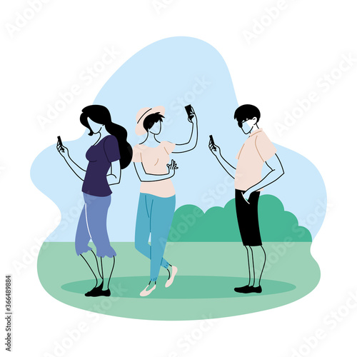 young people with cell phone in hand in summer