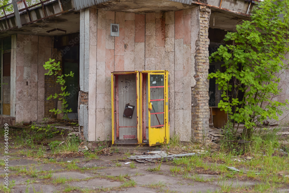 broken phone booth in abandoned Pripyat
