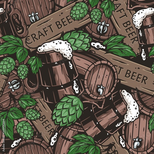 Pattern with barrel, hop and craft beer mug