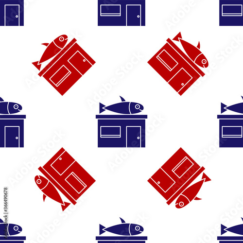 Blue and red Seafood store icon isolated seamless pattern on white background. Facade of seafood market. Vector..