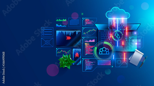 Program code create on laptop on programmer workplace. Coding, optimization and testing app, site on mobile devices. Text of program consists of functions on programing languages. IT technology banner