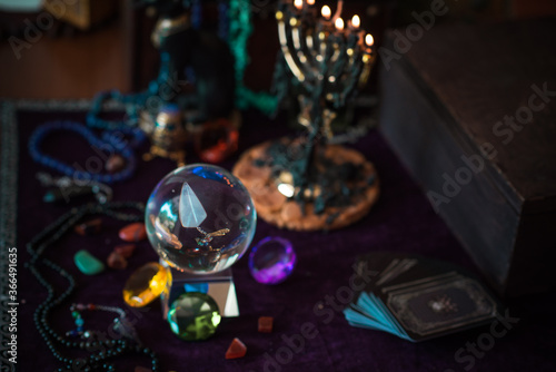 Old world, Magic attributes for rituals and fate prediction, details on a table of witch, occultism concept