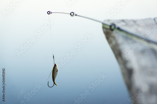 lure hanging down from the edge of a pier