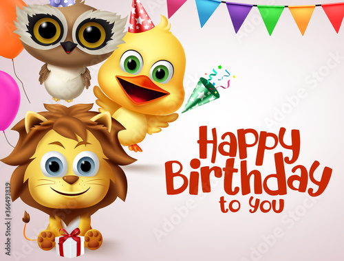 Happy birthday animal characters vector banner template. Happy birthday to you greeting text with party animals friends character and colorful element for kids celebration greeting card.