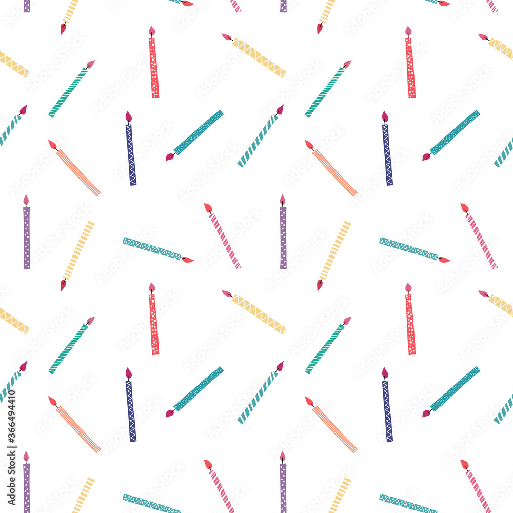 Seamless cartoon pattern. Party background with colored candles isolated on white. for packaging, paper, textiles. Hand drawing style. Seamless cartoon pattern. Party background with colored candles isolated on white. for packaging, paper, textiles. Hand drawing style.