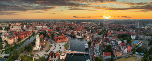 Aerial view of the old town in Gdansk with amazing architecture at sunset,  Poland