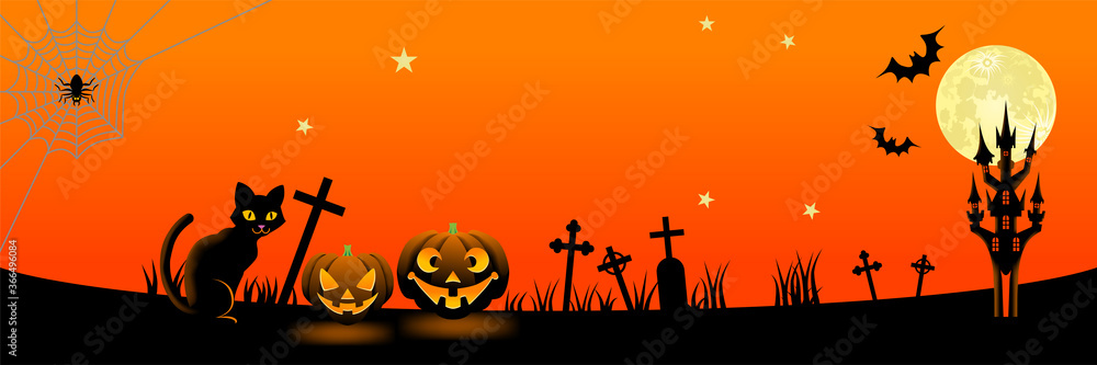 Halloween night in spooky graveyard - banner ratio, copy space