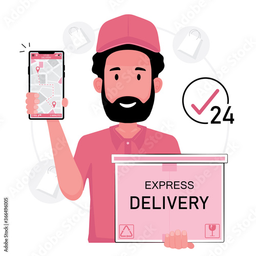 food delivery picture showing a man with scooter holding a phone while riding for food delivery