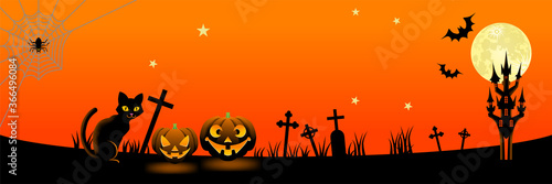Halloween night in spooky graveyard - banner ratio, copy space