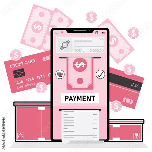 Payment with credit card picture feature credit card, phone and box in pink