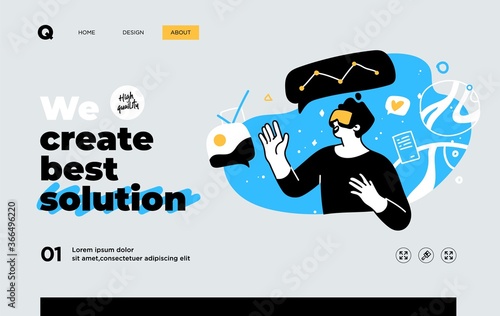 Presentation slide template or landing page website design. Business concept illustrations. Modern flat outline style. Research innovations and solutions
