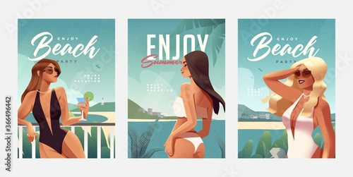 Set of posters with girl relaxing on the beach. Summer vacation posters or flyer design template with sexy females on the beach. Party invitation. Modern style. Vector illustration