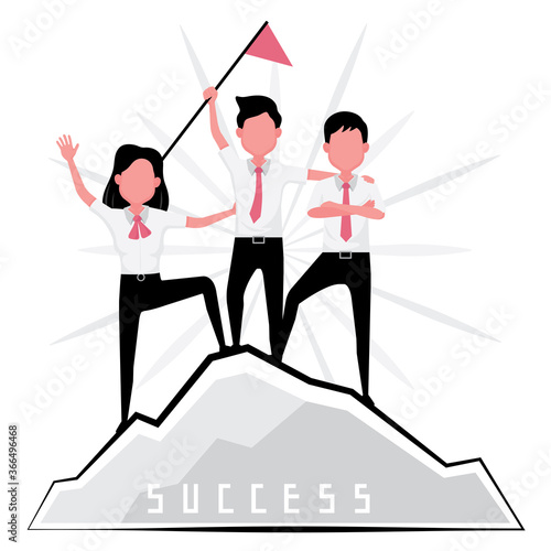 achieve goal picture feature a man and woman stand on the top of a mountain with flag as a metaphor of success