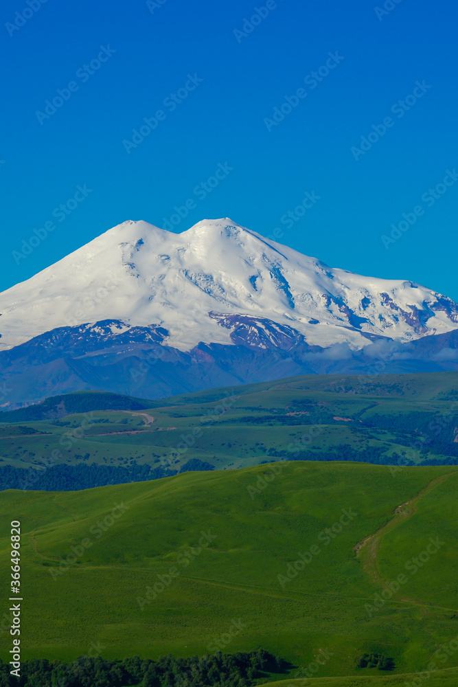 Elbrus and Green Meadow Hills at a Summer Day. Vertical
