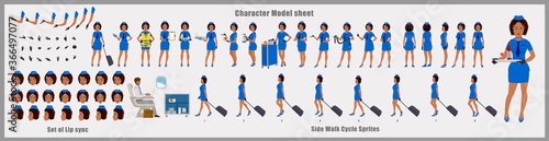 African American Stewardess Character Design Model Sheet with walk cycle animation. Girl Character design. Front, side, back view and explainer animation poses. Character set and lip sync 