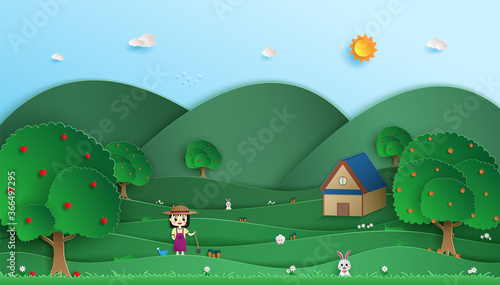 young girl with a vegetable garden, a carrot and his orchard. and there's a rabbit looking for carrots and view of the nature forest green. and paper cut style. and background.
