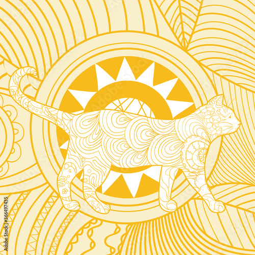 Square pattern with ornate cat. Hand drawn animal with abstract patterns. Design for spiritual relaxation for adults