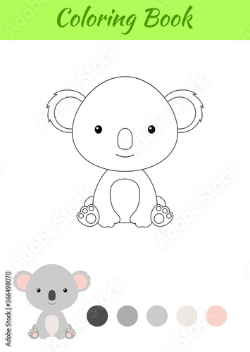 Coloring page little sitting baby koala. Coloring book for kids. Educational activity for preschool years kids and toddlers with cute animal. Flat cartoon colorful vector stock illustration.