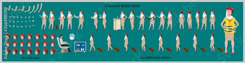 Arab Stewardess Character Design Model Sheet with walk cycle animation. Girl Character design. Front, side, back view and explainer animation poses. Character set with various views and lip sync 
