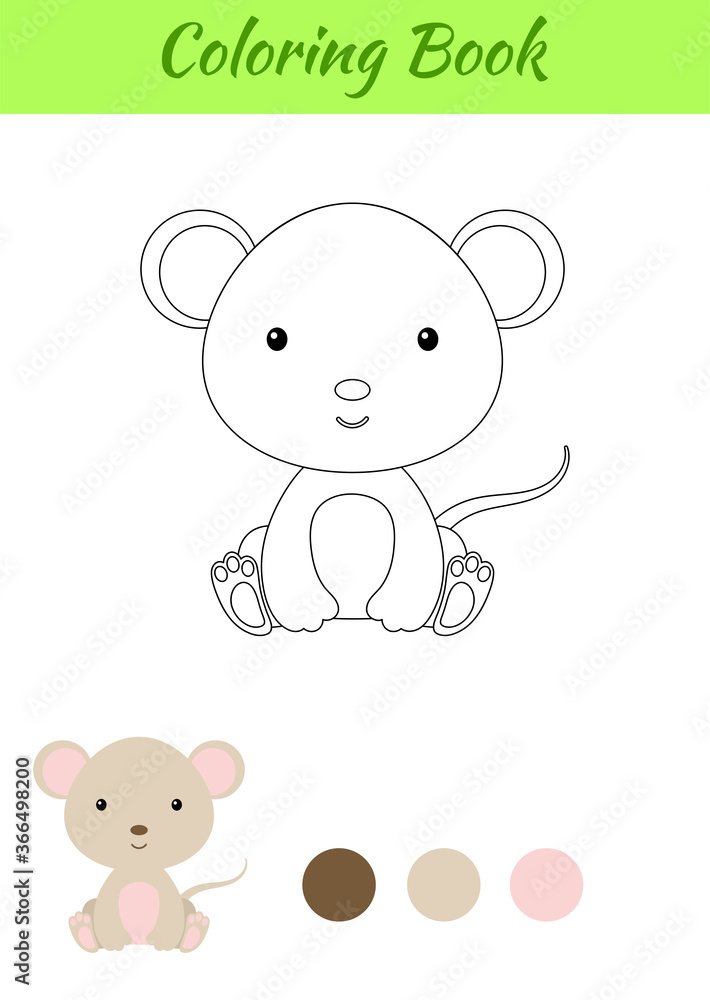 Coloring page little sitting baby mouse. Coloring book for kids. Educational activity for preschool years kids and toddlers with cute animal. Flat cartoon colorful vector stock illustration.