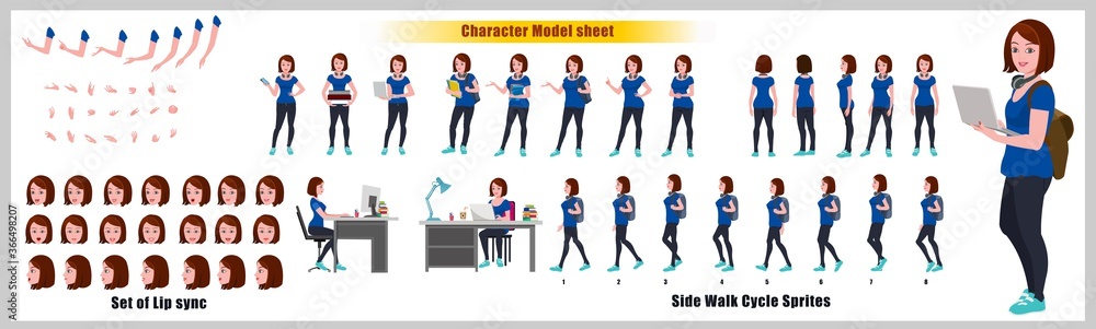 Girl Student Character Design Model Sheet with walk cycle animation. Girl Character design. Front, side, back view and explainer animation poses. Character set with various views and lip sync Girl Student Character Design Model Sheet with walk cycle animation. Girl Character design. Front, side, back view and explainer animation poses. Character set with various views and lip sync