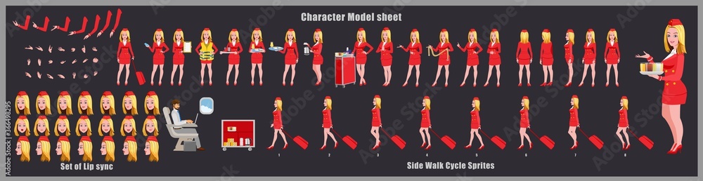 Stewardess Character Design Model Sheet with walk cycle animation. Girl Character design. Front, side, back view and explainer animation poses. Character set with various views and lip sync