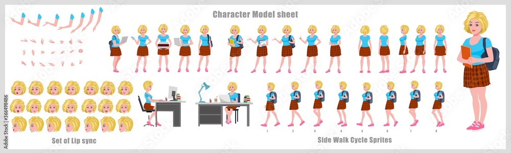 Blond Hair Girl Student Character Design Model Sheet with walk cycle animation. Girl Character design. Front, side, back view and explainer animation poses. Character set with lip sync 