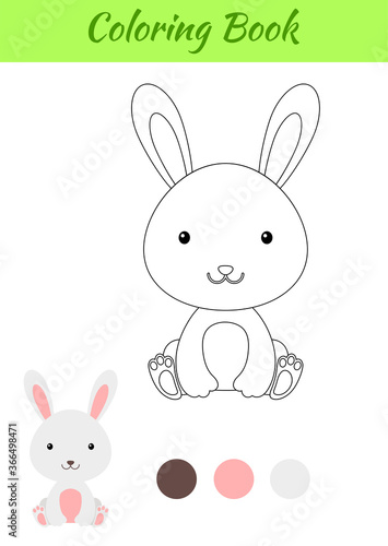 Coloring page little sitting baby rabbit. Coloring book for kids. Educational activity for preschool years kids and toddlers with cute animal. Flat cartoon colorful vector stock illustration.